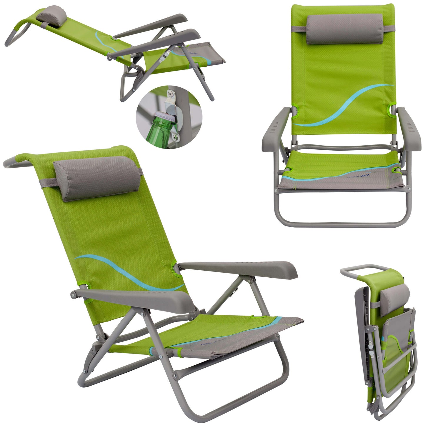Strandstuhl mit Liegefunktion und Flaschenöffner, Kopfteil gepolstert, grün grau