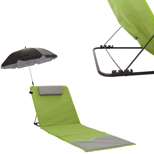 Strandmatte XXL mit Schirm, gepolstert, 200 x 60 cm, mit Rückenlehne, faltbar, grün grau