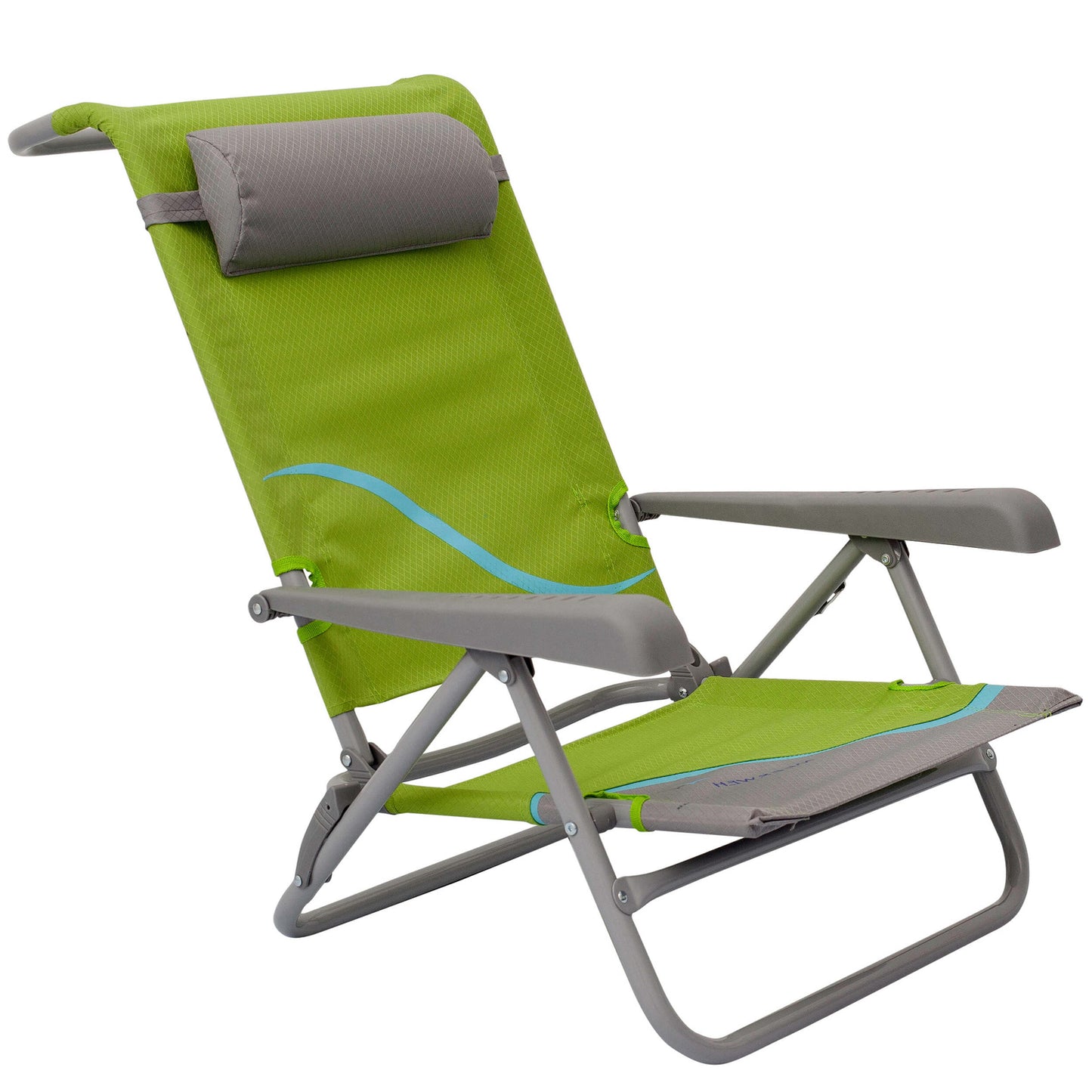 Strandstuhl mit Liegefunktion und Flaschenöffner, Kopfteil gepolstert, grün grau