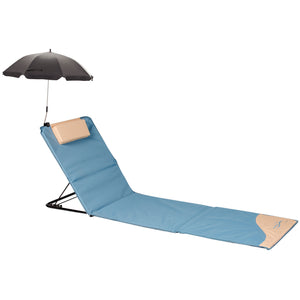 Strandmatte XXL mit Schirm, gepolstert, 200 x 60 cm, mit Rückenlehne, faltbar, blau beige