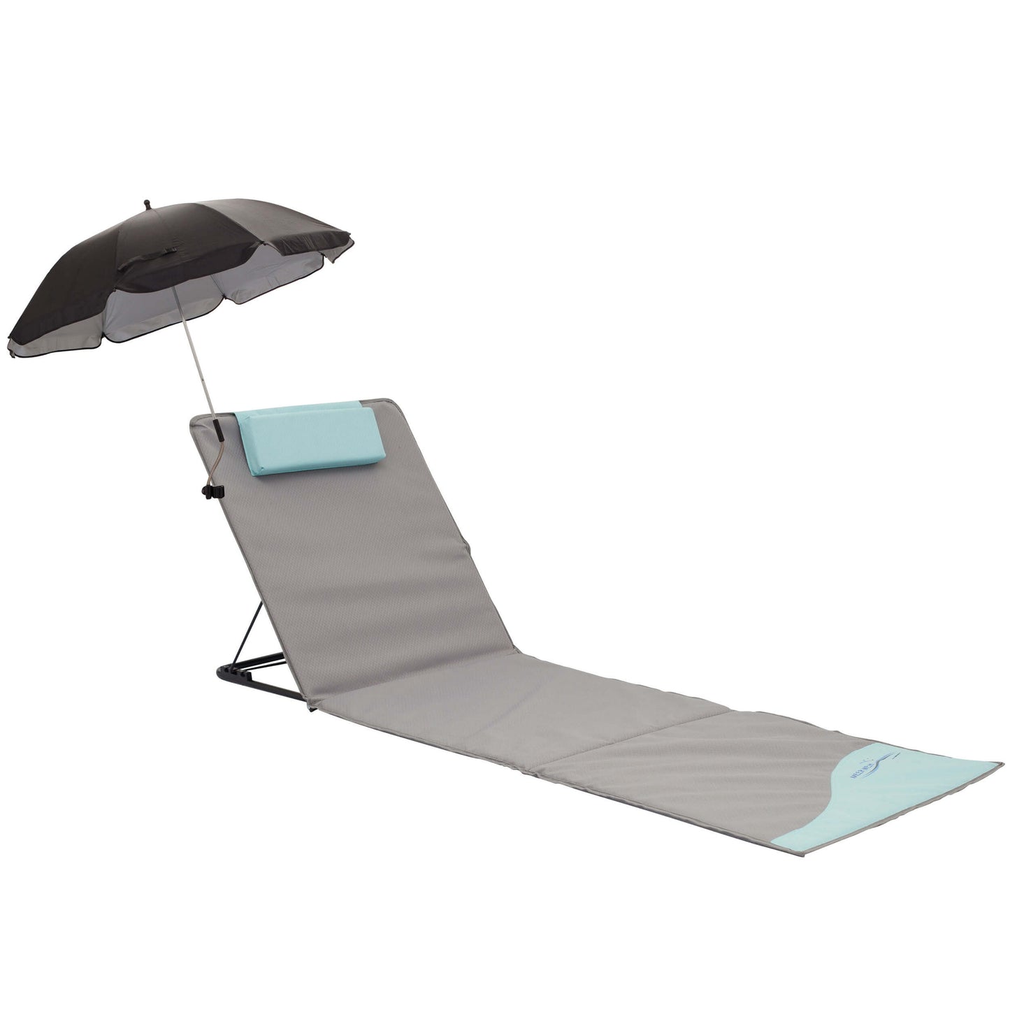 Strandmatte XXL mit Schirm, gepolstert, 200 x 60 cm, mit Rückenlehne, faltbar, grau blau