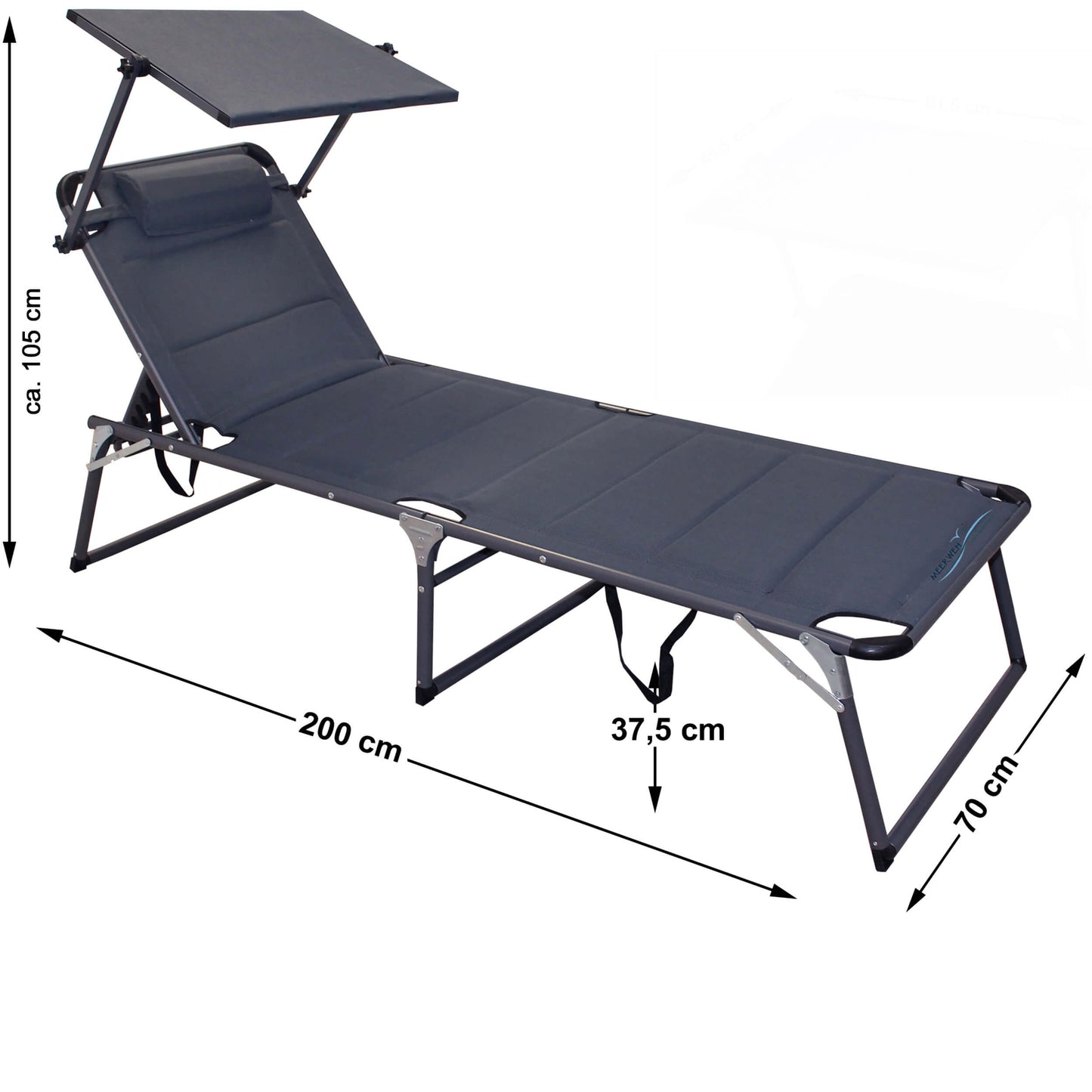 Strandliege XXL mit Sonnendach, 200 x 70 x 37 cm, anthrazit, klappbar, gepolstert, bis 150 kg
