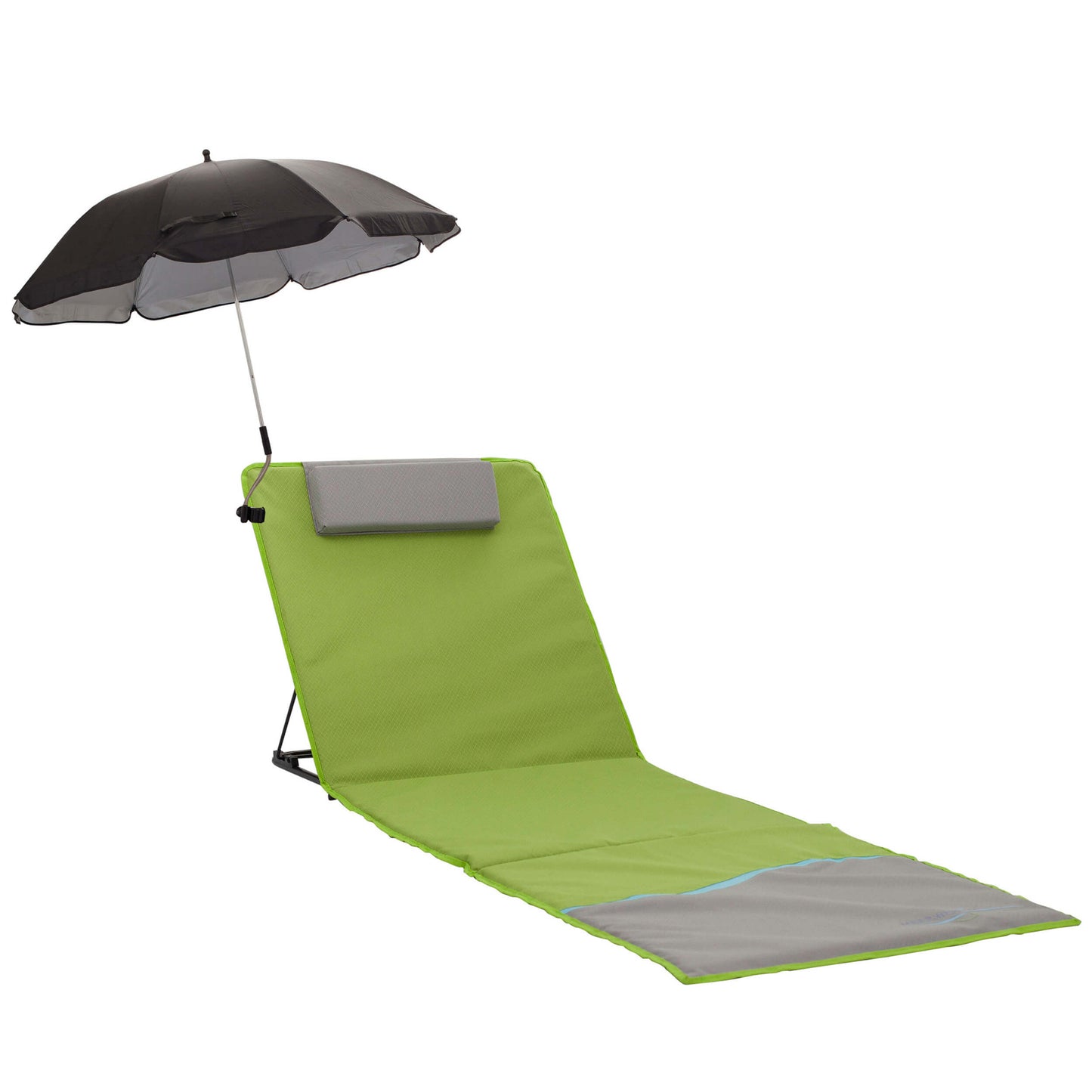 Strandmatte XXL mit Schirm, gepolstert, 200 x 60 cm, mit Rückenlehne, faltbar, grün grau
