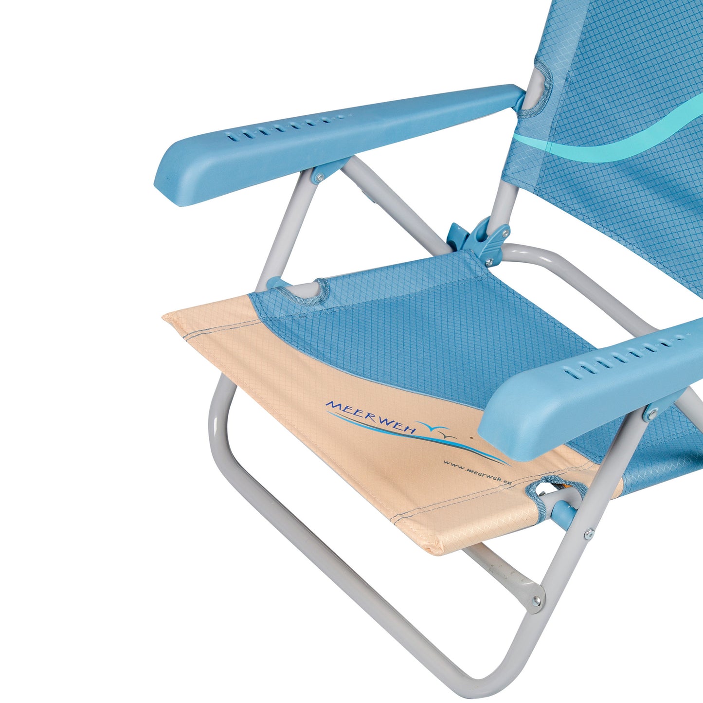 Strandstuhl mit Liegefunktion und Flaschenöffner, Kopfteil gepolstert, blau beige