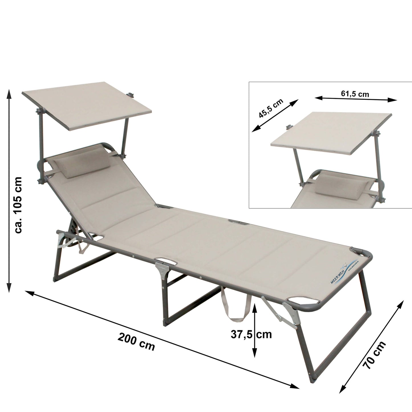 Strandliege XXL mit Sonnendach, 200 x 70 x 37 cm, beige, klappbar, gepolstert, bis 150 kg