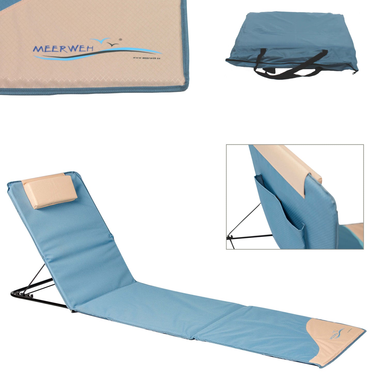 Strandmatte XXL, gepolstert, 200 x 60 cm, mit Rückenlehne, faltbar, blau beige