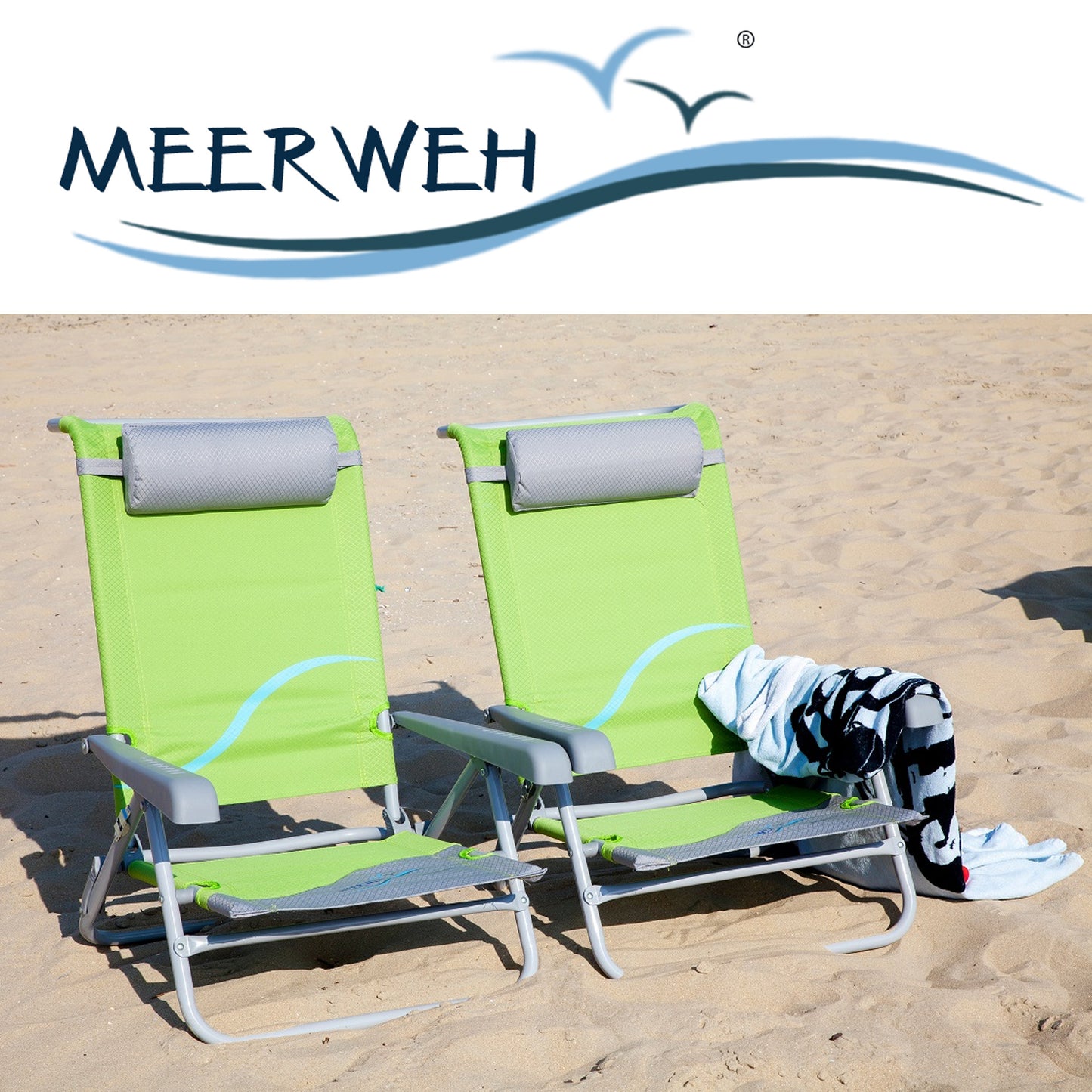 Strandstuhl mit Liegefunktion und Flaschenöffner, Kopfteil gepolstert, grün grau