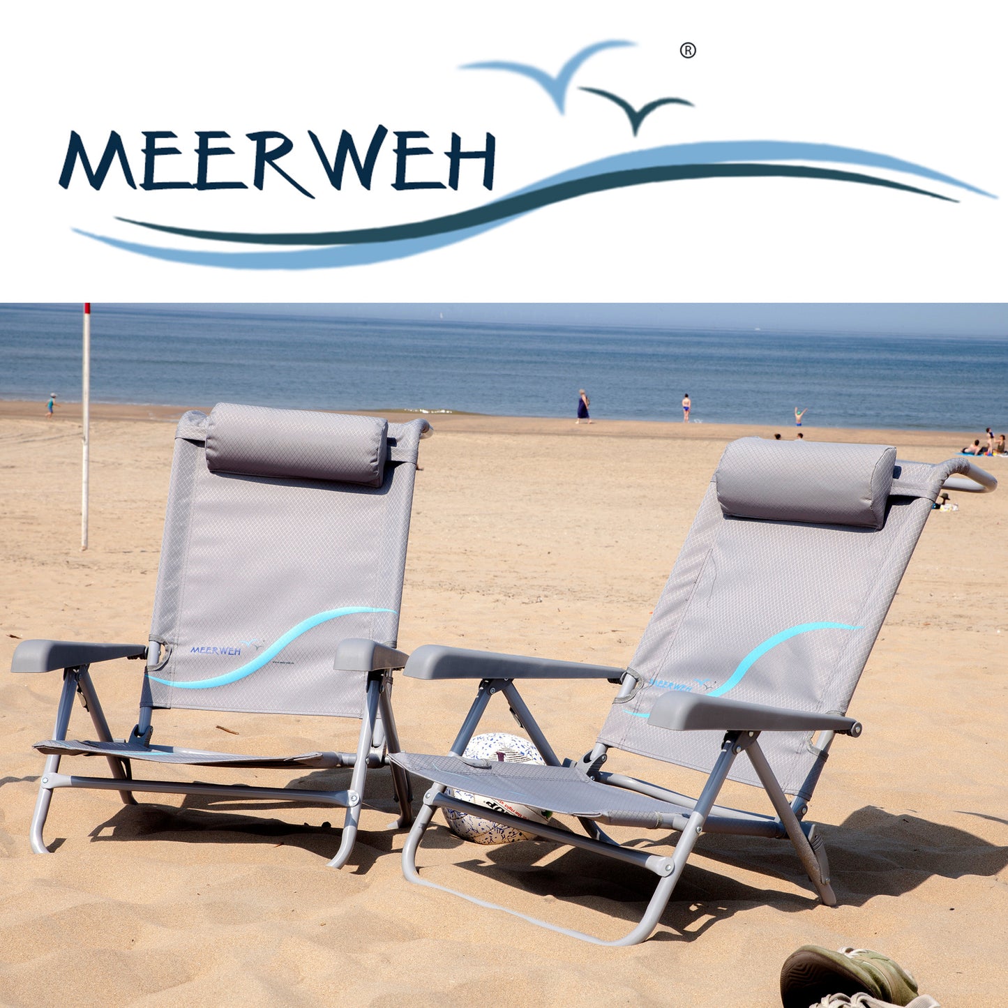 Strandstuhl mit Liegefunktion und Flaschenöffner, Kopfteil gepolstert, grau blau