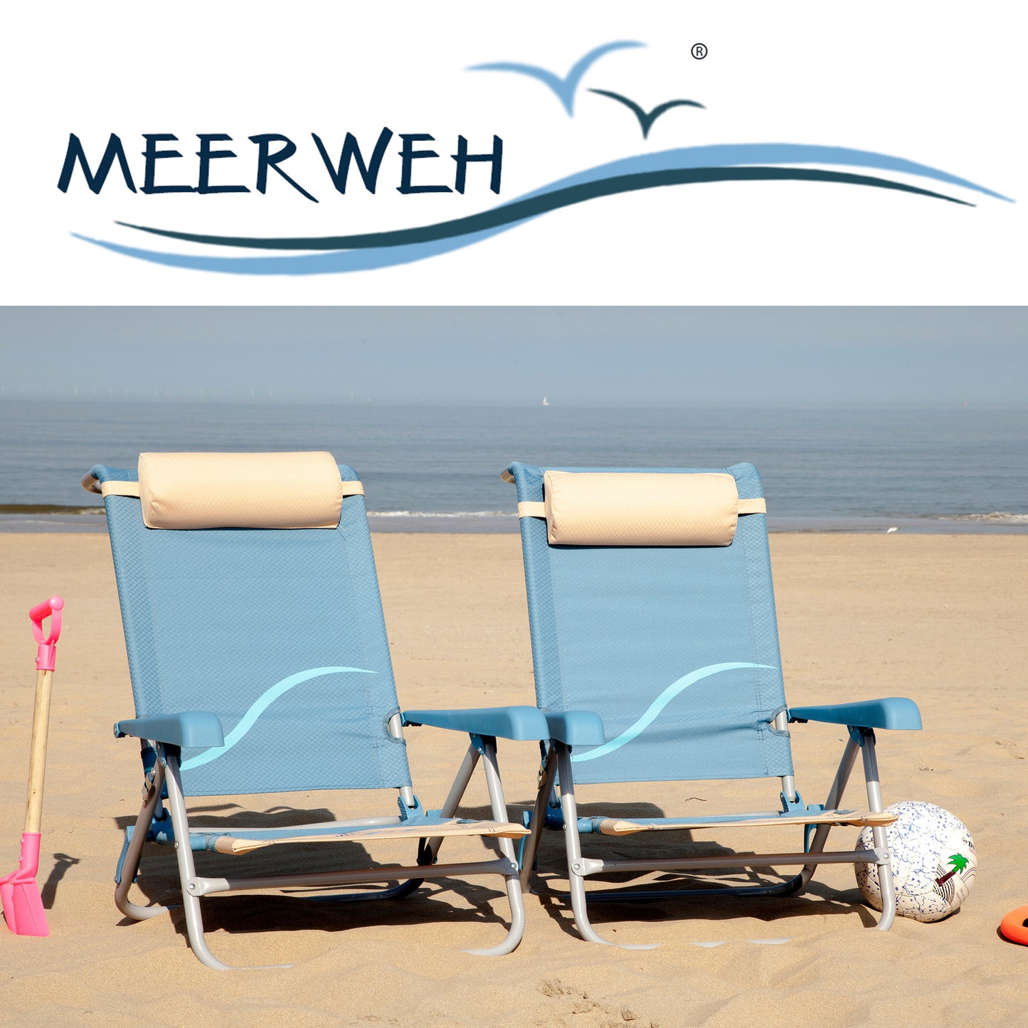 Strandstuhl mit Liegefunktion und Flaschenöffner, Kopfteil gepolstert, blau beige