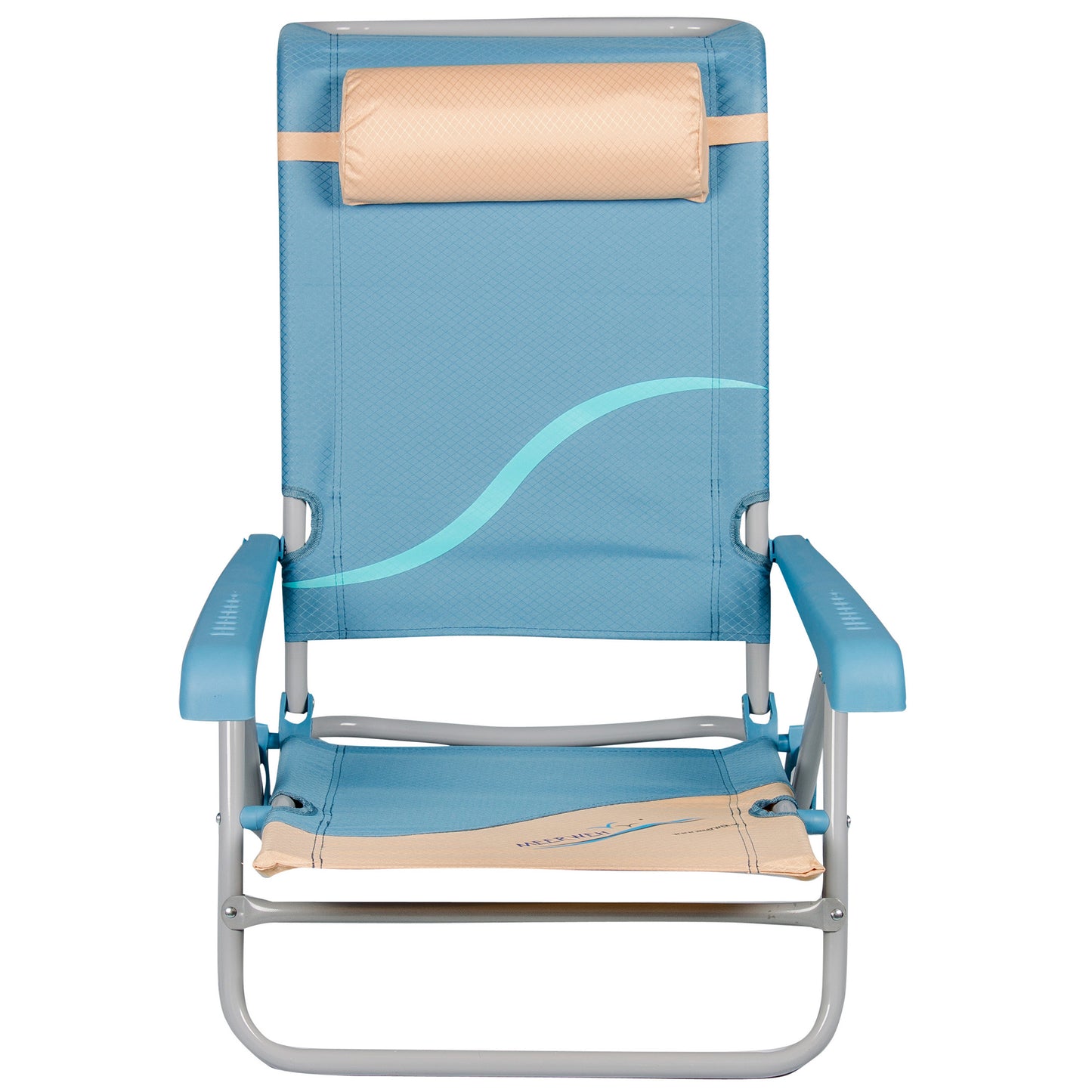 Strandstuhl mit Liegefunktion und Flaschenöffner, Kopfteil gepolstert, blau beige