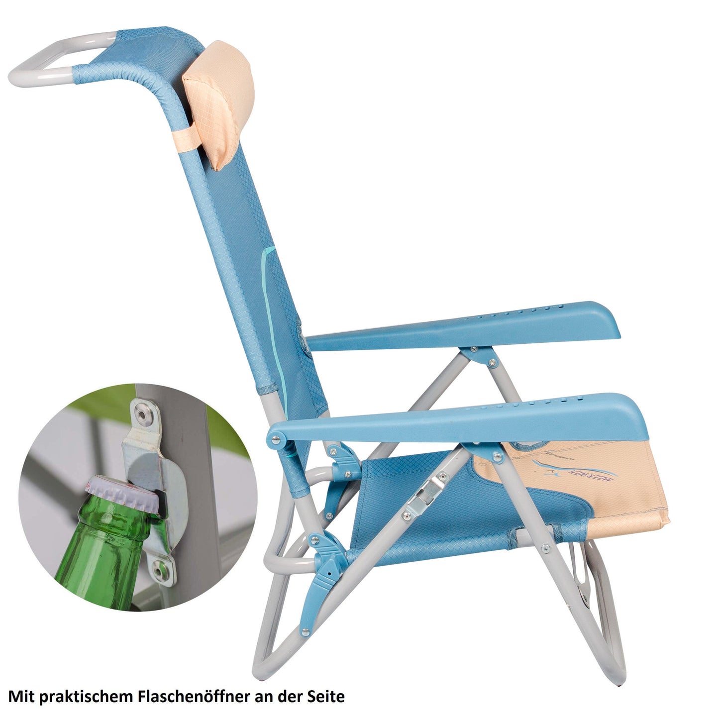 Strandstuhl mit Liegefunktion und Flaschenöffner, Kopfteil gepolstert, blau beige