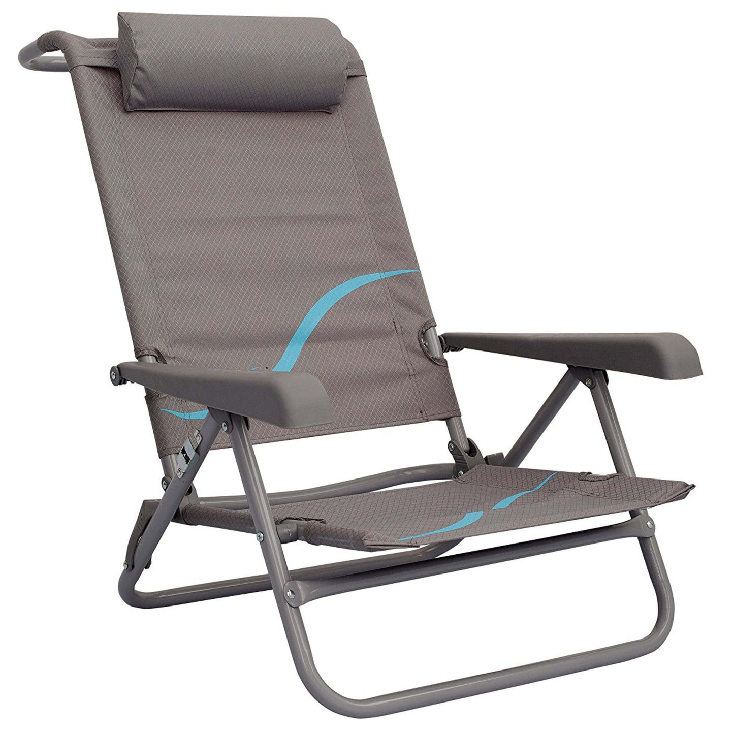 Strandstuhl mit Liegefunktion und Flaschenöffner, Kopfteil gepolstert, grau blau