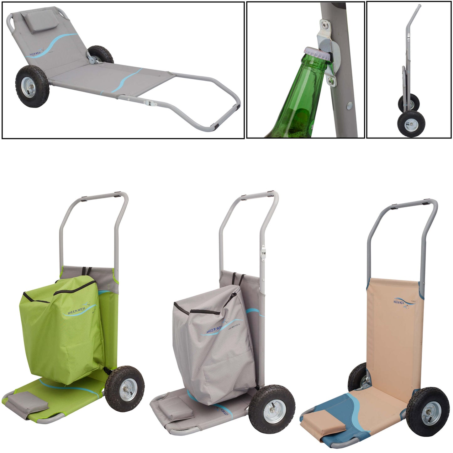 Strandwagen mit Sitz- und Liegefunktion, inklusive Tasche (Rucksack), in grün, grau oder blau