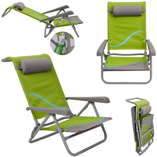 Strandstuhl mit Liegefunktion und Flaschenöffner, Kopfteil gepolstert, grün grau