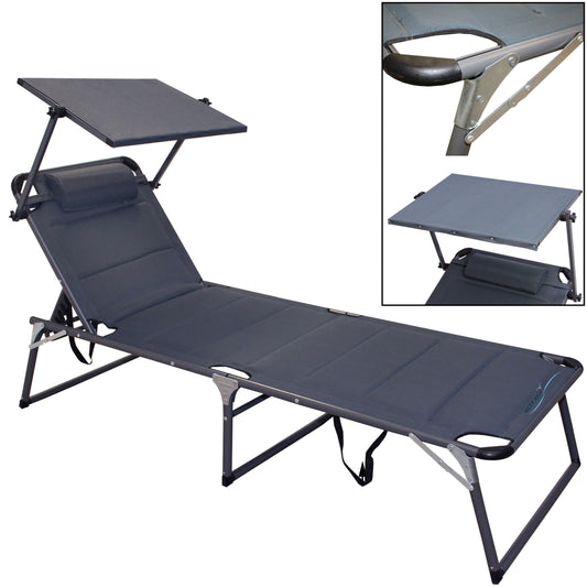 Strandliege XXL mit Sonnendach, 200 x 70 x 37 cm, anthrazit, klappbar, gepolstert, bis 150 kg