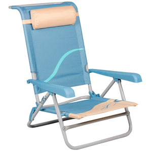 Strandstuhl mit Liegefunktion und Flaschenöffner, Kopfteil gepolstert, blau beige