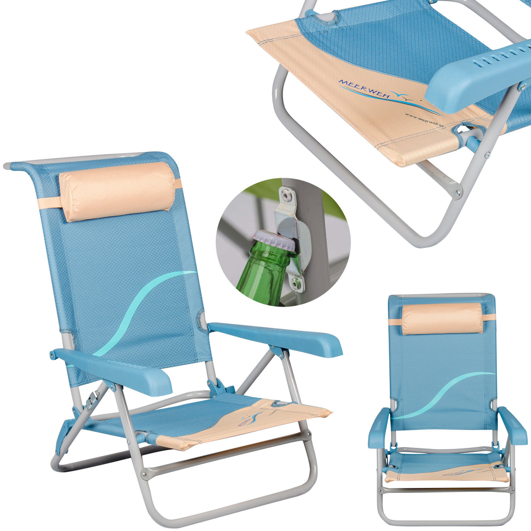 Strandstuhl mit Liegefunktion und Flaschenöffner, Kopfteil gepolstert, blau beige