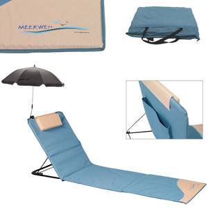 Strandmatte XXL mit Schirm, gepolstert, 200 x 60 cm, mit Rückenlehne, faltbar, blau beige