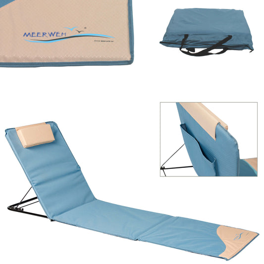 Strandmatte XXL, gepolstert, 200 x 60 cm, mit Rückenlehne, faltbar, blau beige