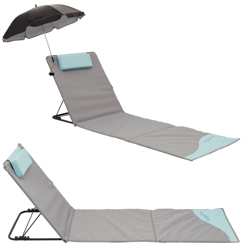 Strandmatte XXL mit Schirm, gepolstert, 200 x 60 cm, mit Rückenlehne, faltbar, grau blau
